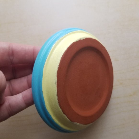 Water Colors/Multi-Colored Decoupaged Blue, Yellow & Pink 4.25 Inch Trinket Dish - Picture 4 of 4